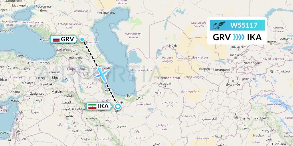 W55117 Mahan Air Flight Map: Grozny to Tehran