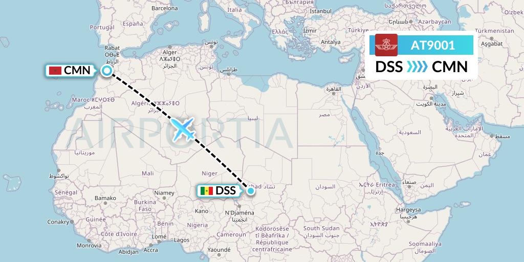 AT9001 Royal Air Maroc Flight Map: Dakar to Casablanca