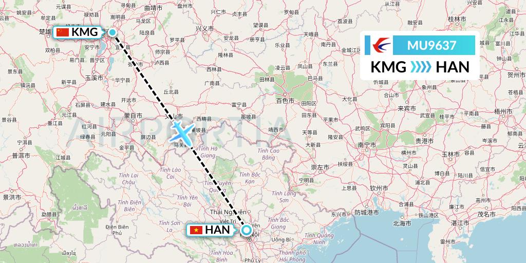 MU9637 China Eastern Airlines Flight Map: Kunming to Hanoi