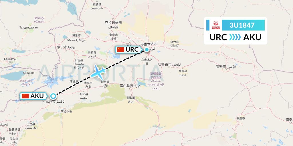 3U1847 Sichuan Airlines Flight Map: Urumqi to Aksu