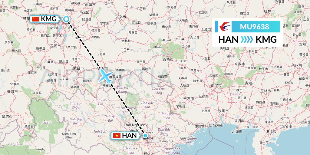 MU9638 China Eastern Airlines Flight Map: Hanoi to Kunming