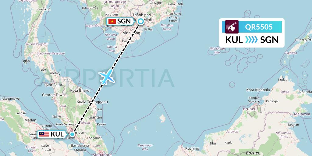 QR5505 Qatar Airways Flight Map: Kuala Lumpur to Ho Chi Minh City