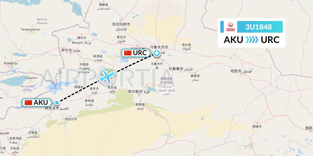3U1848 Sichuan Airlines Flight Map: Aksu to Urumqi
