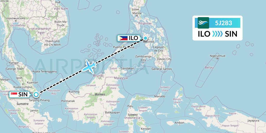 5J283 CEBU Pacific Air Flight Map: Iloilo to Singapore