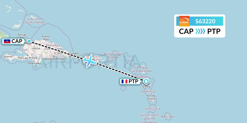 S63220 Sunrise Airways Flight Map: Cap-Haitien to Pointe-a-Pitre