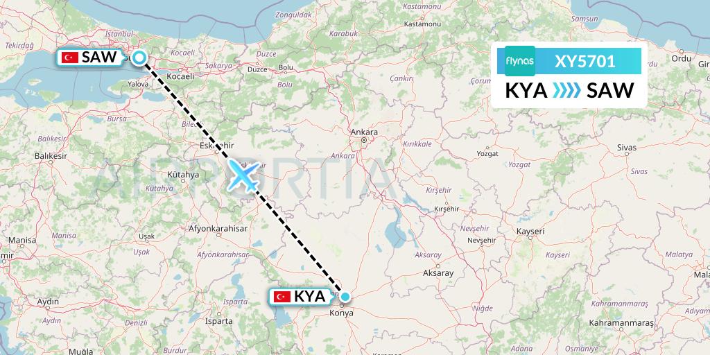 XY5701 Flynas Flight Map: Konya to Istanbul