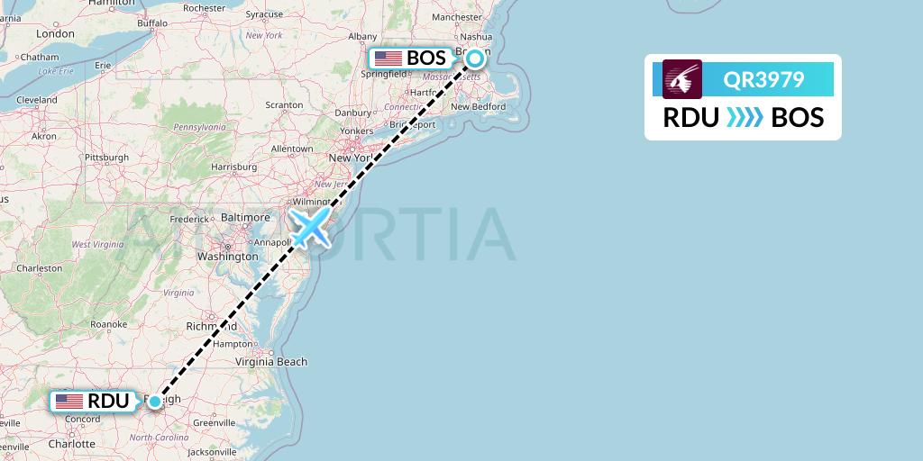 QR3979 Qatar Airways Flight Map: Raleigh-Durham to Boston