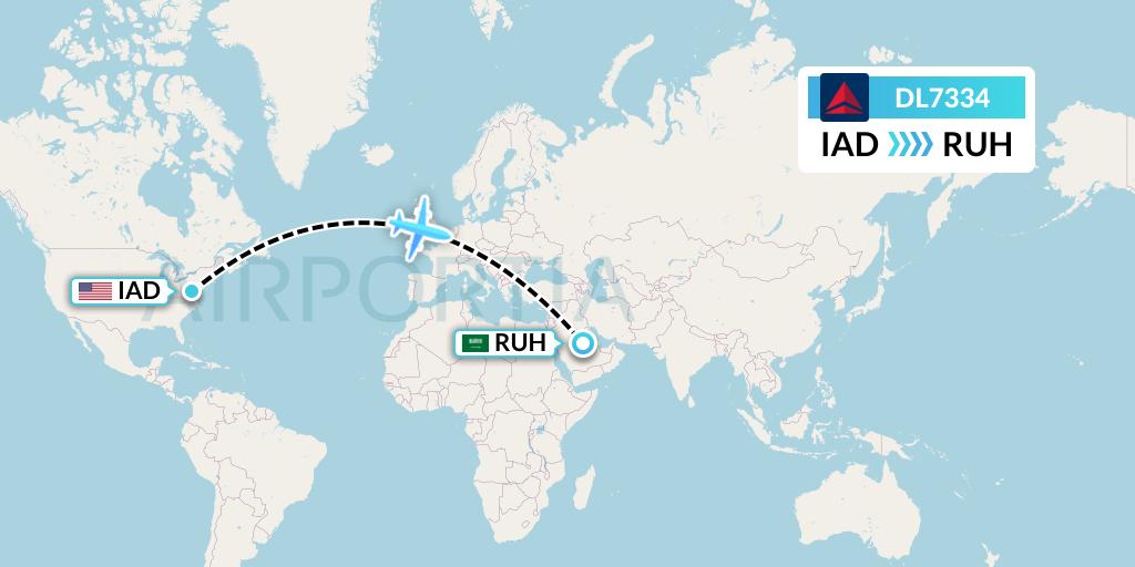 DL7334 Delta Air Lines Flight Map: Washington to Riyadh