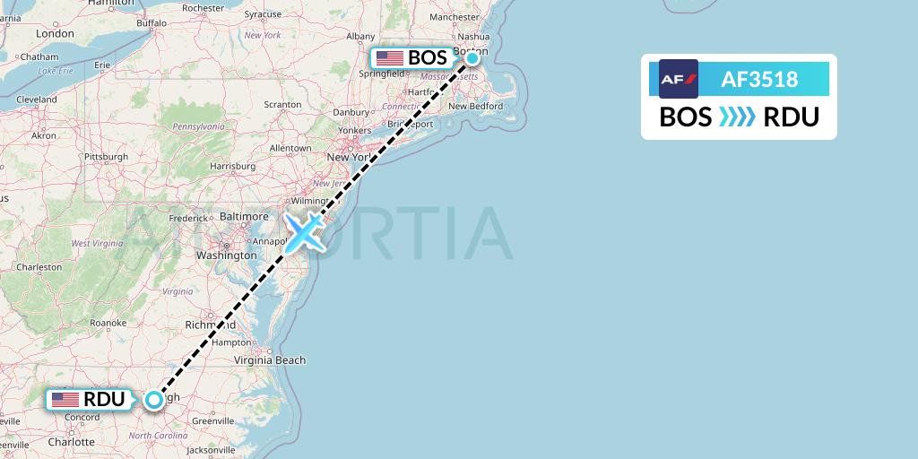 AF3518 Air France Flight Map: Boston to Raleigh-Durham