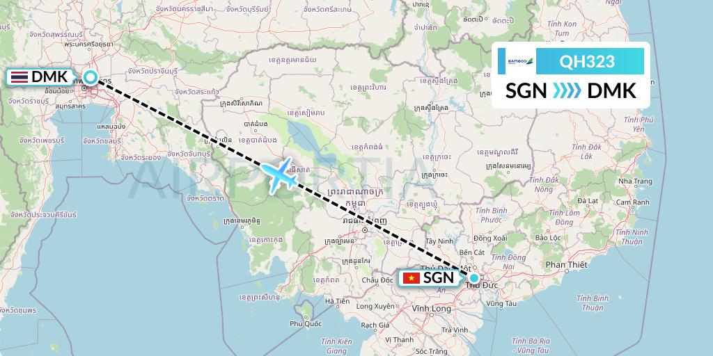 QH323 Bamboo Airways Flight Map: Ho Chi Minh City to Bangkok