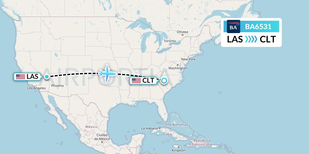 BA6531 British Airways Flight Map: Las Vegas to Charlotte