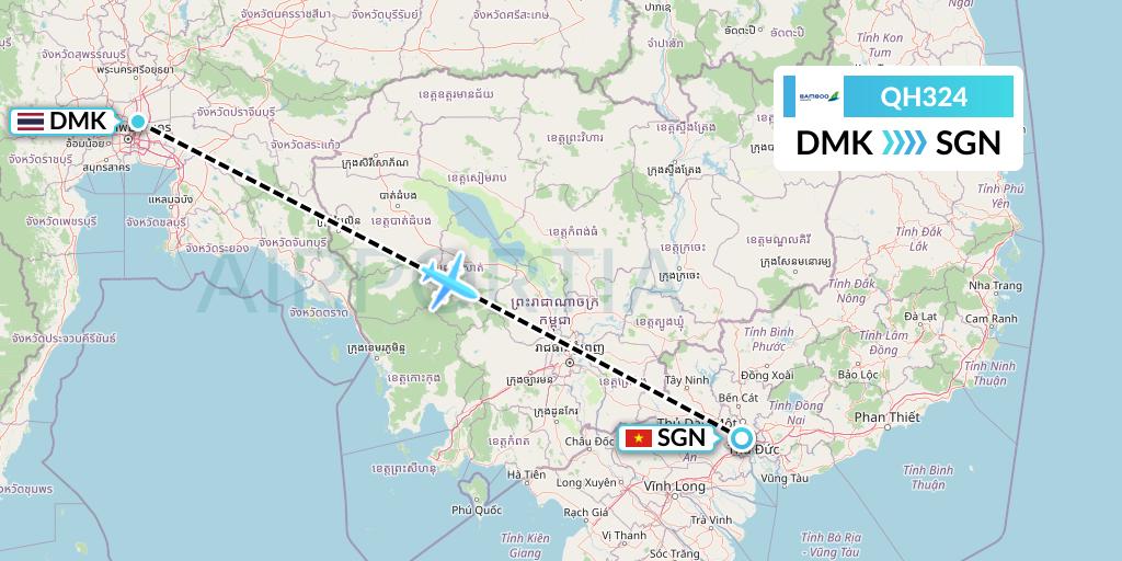 QH324 Bamboo Airways Flight Map: Bangkok to Ho Chi Minh City