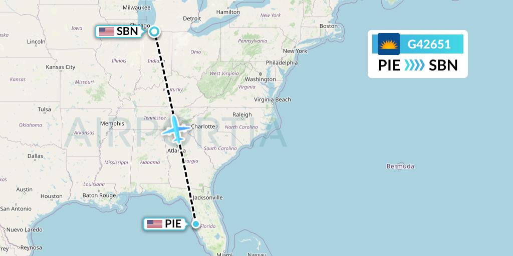 G42651 Allegiant Air Flight Map: St. Petersburg to South Bend