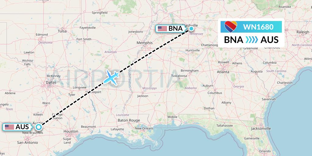 WN1680 Southwest Airlines Flight Map: Nashville to Austin