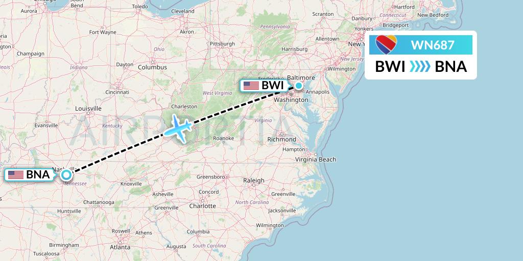 WN687 Southwest Airlines Flight Map: Baltimore to Nashville