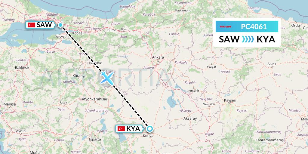 PC4061 Pegasus Airlines Flight Map: Istanbul to Konya