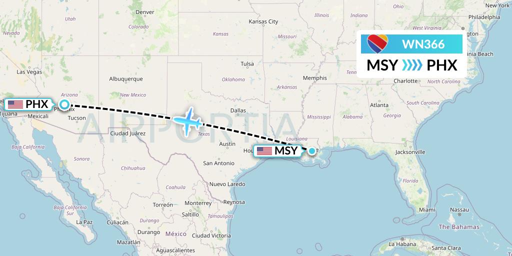 WN366 Southwest Airlines Flight Map: New Orleans to Phoenix