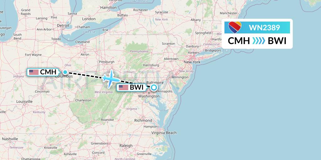 WN2389 Southwest Airlines Flight Map: Columbus to Baltimore