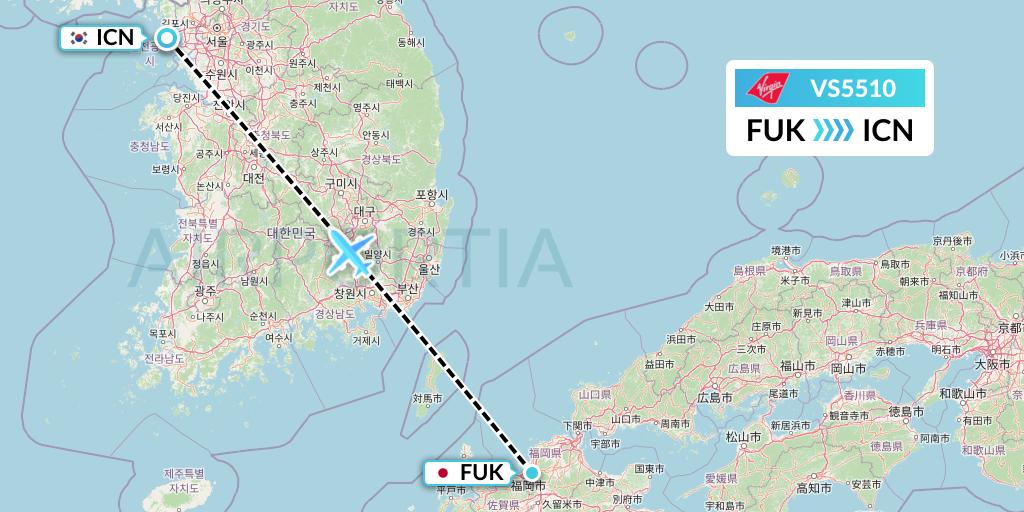 VS5510 Virgin Atlantic Airways Flight Map: Fukuoka to Seoul