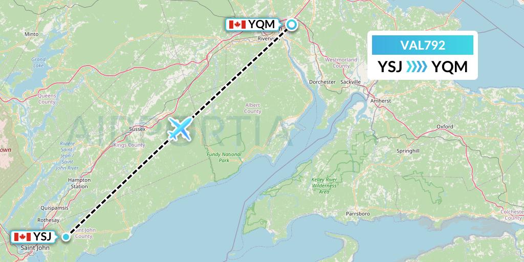 VAL792 Voyageur Airlines Flight Map: Saint John to Moncton