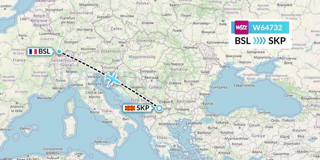 W64732 Wizz Air Flight Map: Basel to Skopje