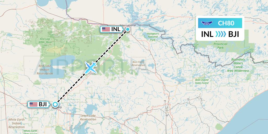 CH80 Bemidji Airlines Flight Map: International Falls to Bemidji