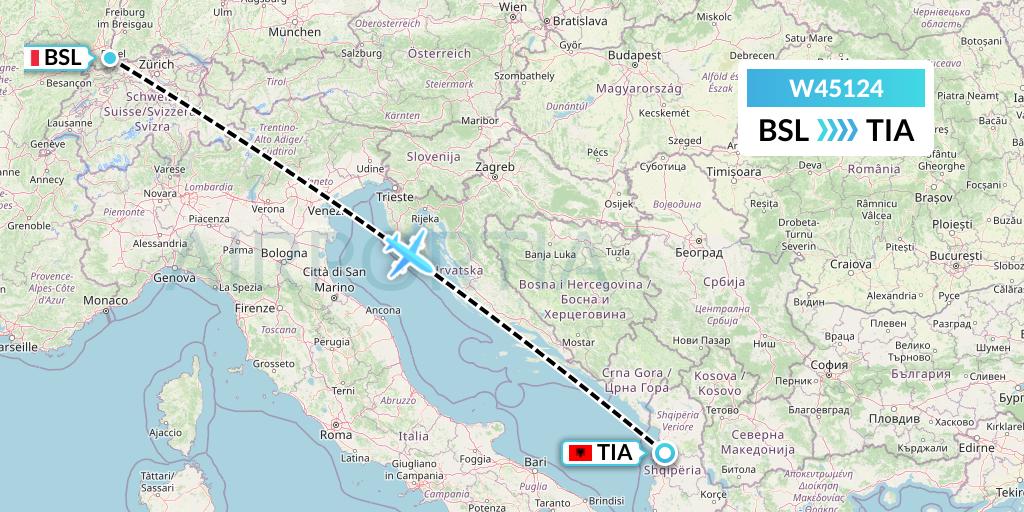 W45124 Wizz Air Malta Flight Map: Basel to Tirana