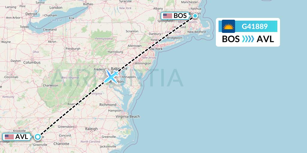 G41889 Allegiant Air Flight Map: Boston to Asheville