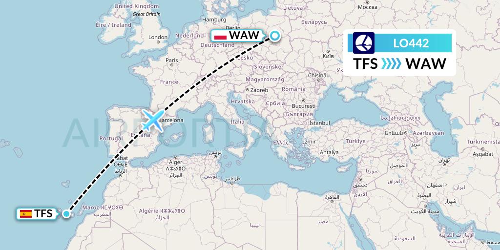 LO442 LOT Flight Map: Tenerife to Warsaw