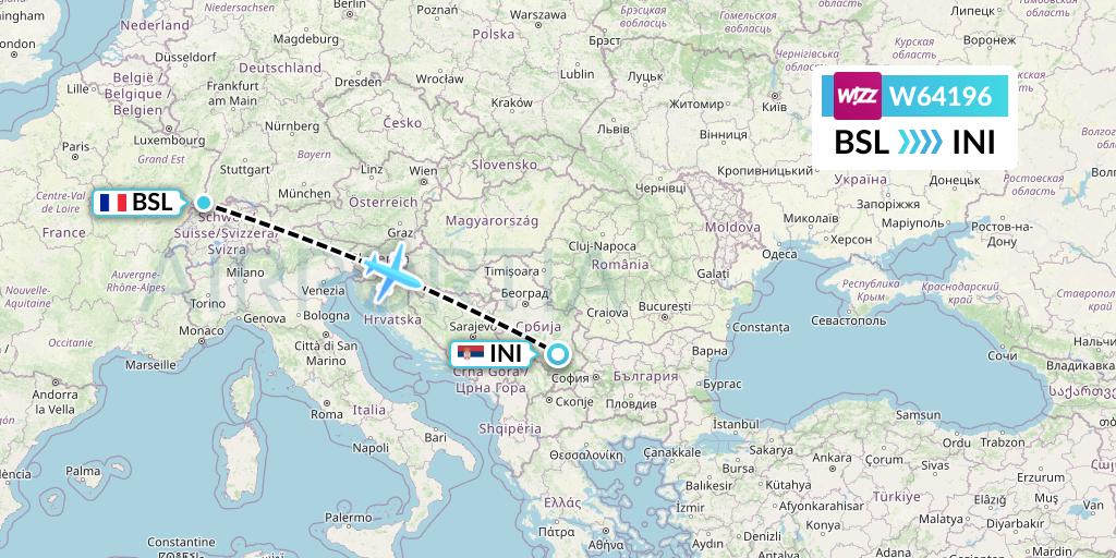 W64196 Wizz Air Flight Map: Basel to Nis