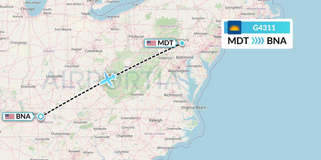 G4311 Allegiant Air Flight Map: Harrisburg to Nashville