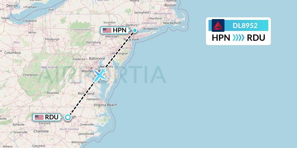 DL8952 Delta Air Lines Flight Map: White Plains to Raleigh-Durham