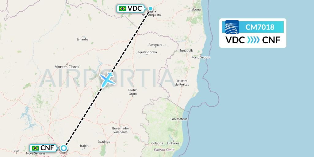 CM7018 Copa Airlines Flight Map: Vitoria Da Conquista to Belo Horizonte