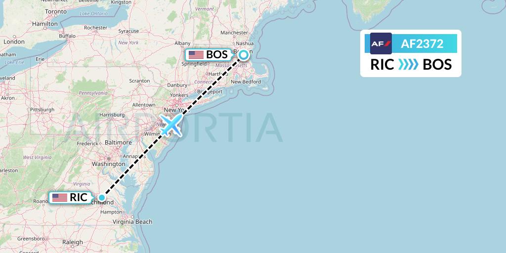AF2372 Air France Flight Map: Richmond to Boston