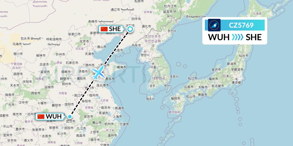 CZ5769 China Southern Airlines Flight Map: Wuhan to Shenyang