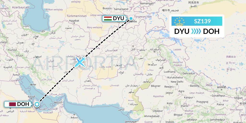 SZ139 Somon Air Flight Map: Dushanbe to Doha