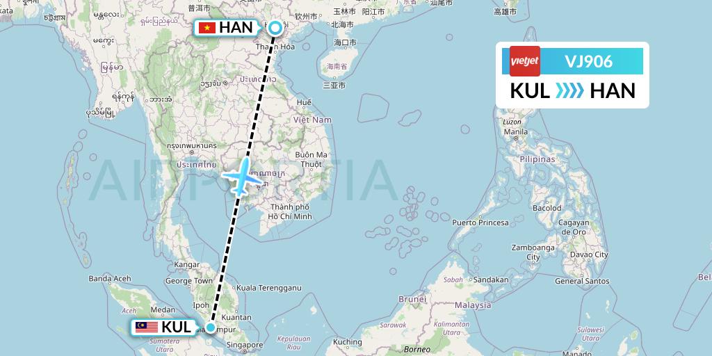VJ906 VietJet Air Flight Map: Kuala Lumpur to Hanoi
