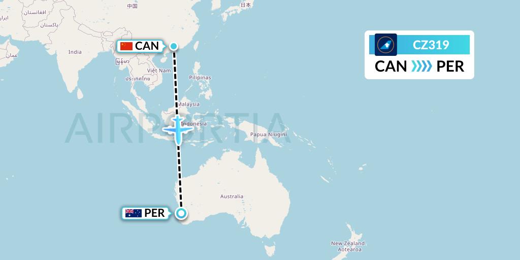CZ319 China Southern Airlines Flight Map: Guangzhou to Perth