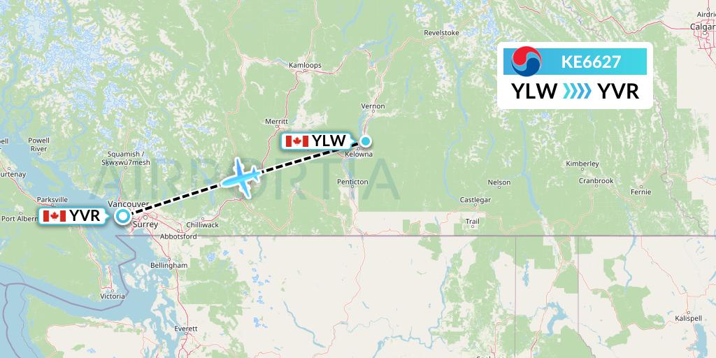 KE6627 Korean Air Flight Map: Kelowna to Vancouver