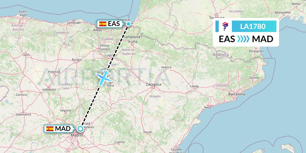LA1780 LAN Airlines Flight Map: San Sebastian to Madrid