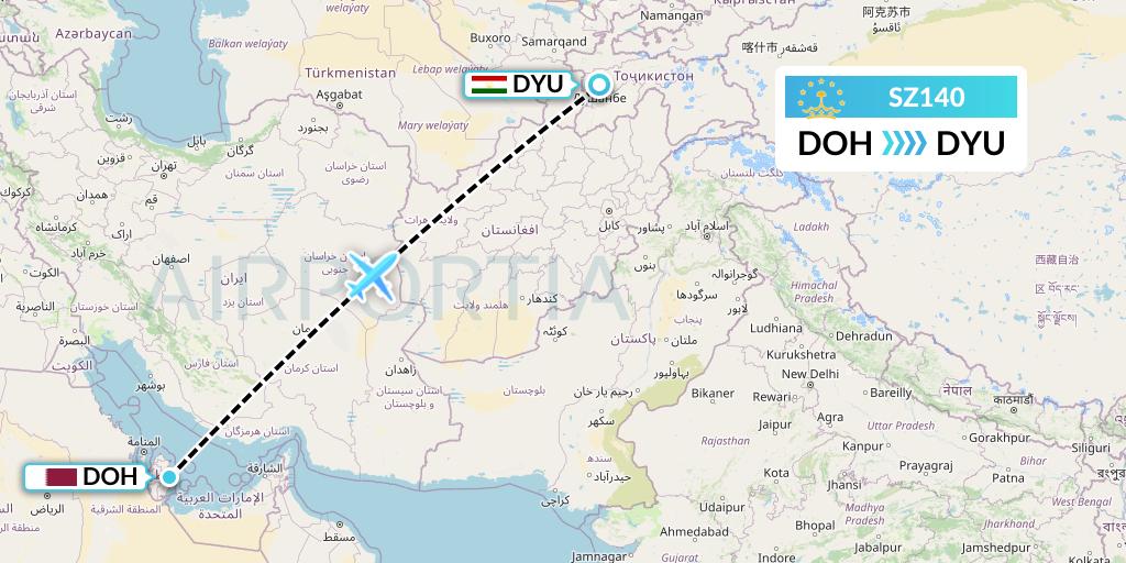 SZ140 Somon Air Flight Map: Doha to Dushanbe