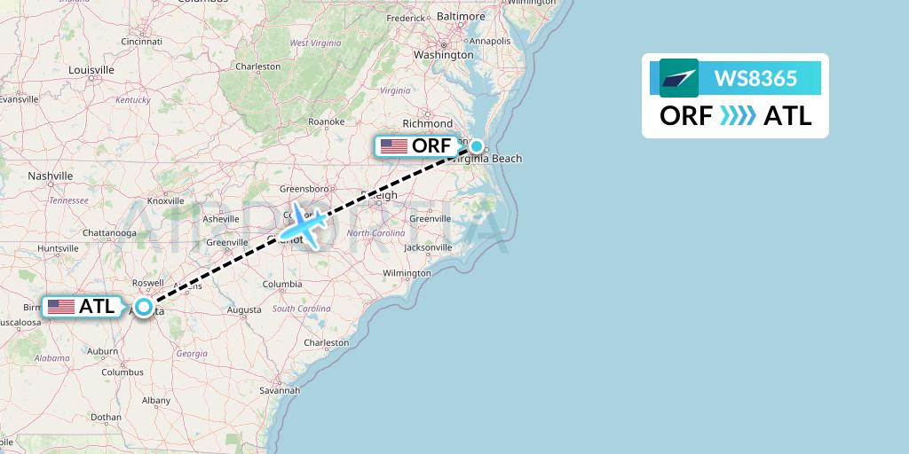 WS8365 WestJet Flight Map: Norfolk to Atlanta