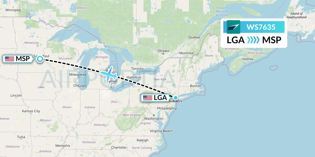 WS7635 WestJet Flight Map: New York to Minneapolis