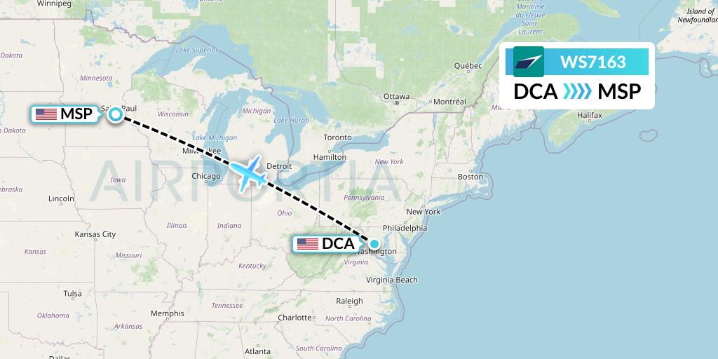 WS7163 WestJet Flight Map: Washington to Minneapolis