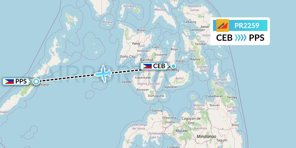 PR2259 Philippine Airlines Flight Map: Cebu to Puerto Princesa City
