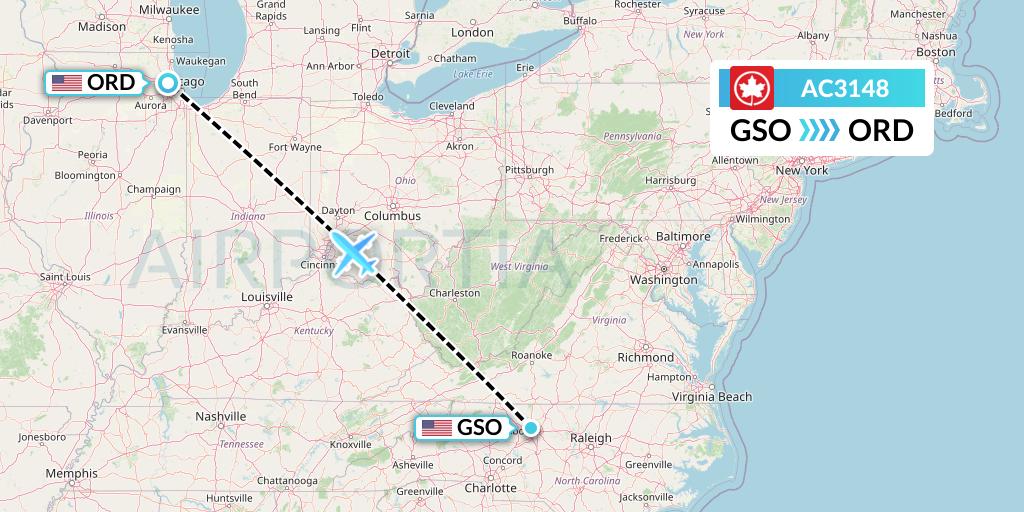 AC3148 Air Canada Flight Map: Greensboro to Chicago