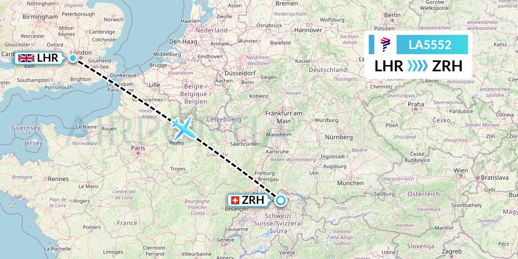 LA5552 LAN Airlines Flight Map: London to Zurich