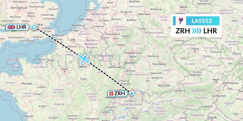 LA5553 LAN Airlines Flight Map: Zurich to London
