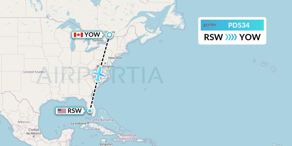 PD534 Porter Airlines Flight Map: Fort Myers to Ottawa