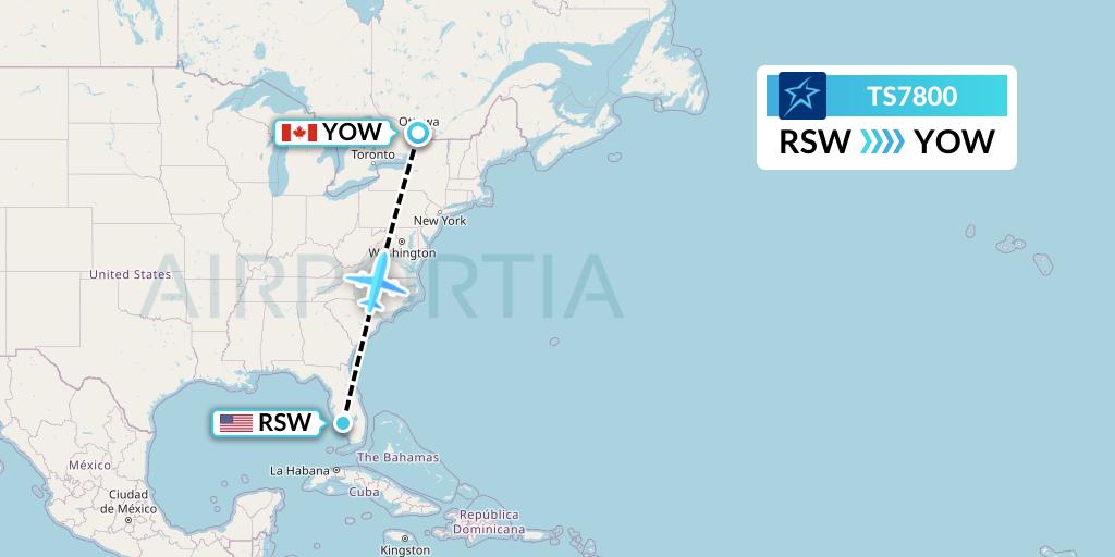 TS7800 Air Transat Flight Map: Fort Myers to Ottawa